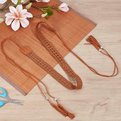 NICENEEDED Boho Braided Tassel Belt, 1.1 X 67.72 Inch PU Leather Cowgirl Vintage Hollow Floral Waistband with Wax Rope, Skinny Waist Belt for Dresses Skirt Pants4