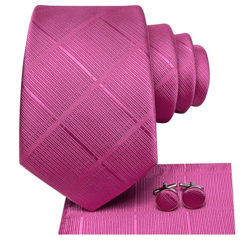 Image of Dubulle Ties for Men Silk Mens Paisley /FloraL /Striped Necktie and Handkerchief Cufflinks Wedding,Hot Pink