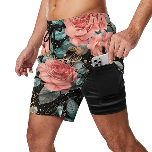 Red Rose Flower Bud Beach Shorts for Men Swim Trunks Quick Dry Swim Shorts with Compression Liner Pocket2