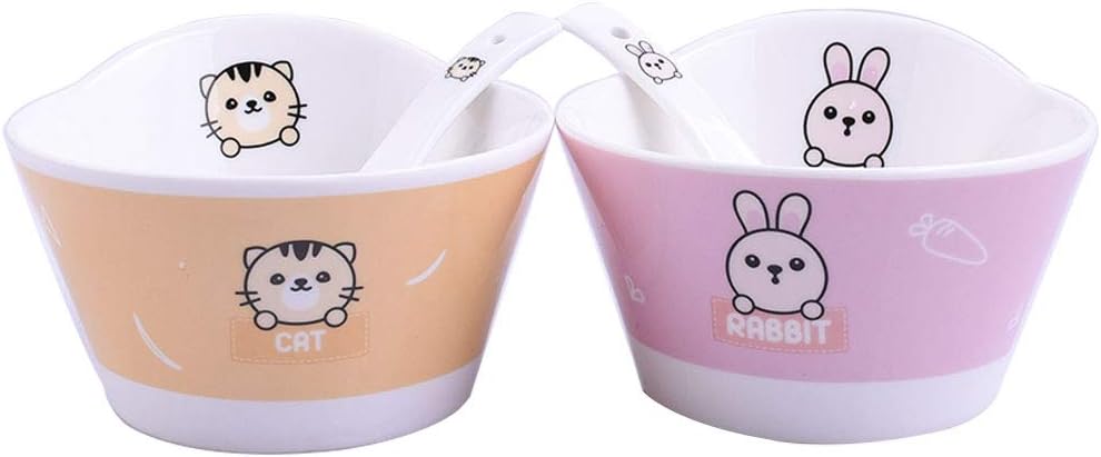 Set of 2 Bowls 2 Spoons, Ceramic Bowls Suitable for Kids/Toddler/Baby Feeding – Microwave & Dishwasher Safe Serving Cereal/Soup/Snack Dishes (Rabbit and cat)