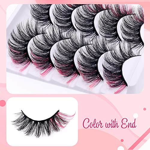 Ksyoo Colored Lashes With Color On End 12-20Mm Pink Lashes, D Curl Cosplay 3D Effect Colored Eyelashes, Reusable, Full Volume Faux Mink Strip Eye Lashes Mink Natural Look - 5 Pairs (Pink Style-10) #TOP3