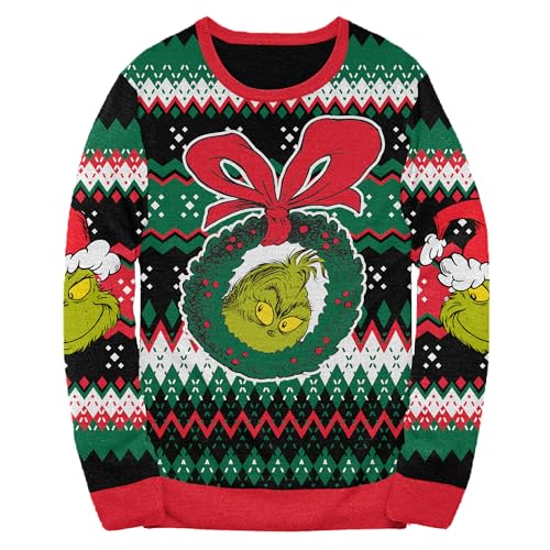 The Grinch Who Stole Christmas Dr. Seuss Wreath Holiday Sweater Licensed (Medium) Black