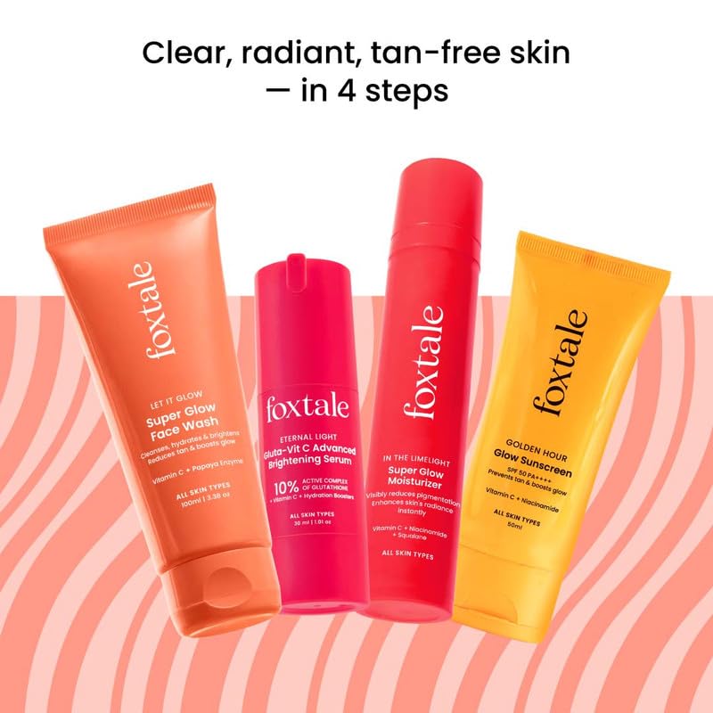 Image of Foxtale Eternal Glow Combo | Super Glow Face Wash + Vit C Glutathione Serum + Super Glow Moisturizer + SPF 50 Glow Sunscreen | Cleanses, brightens, hydrates & protects | All skin types | Unisex