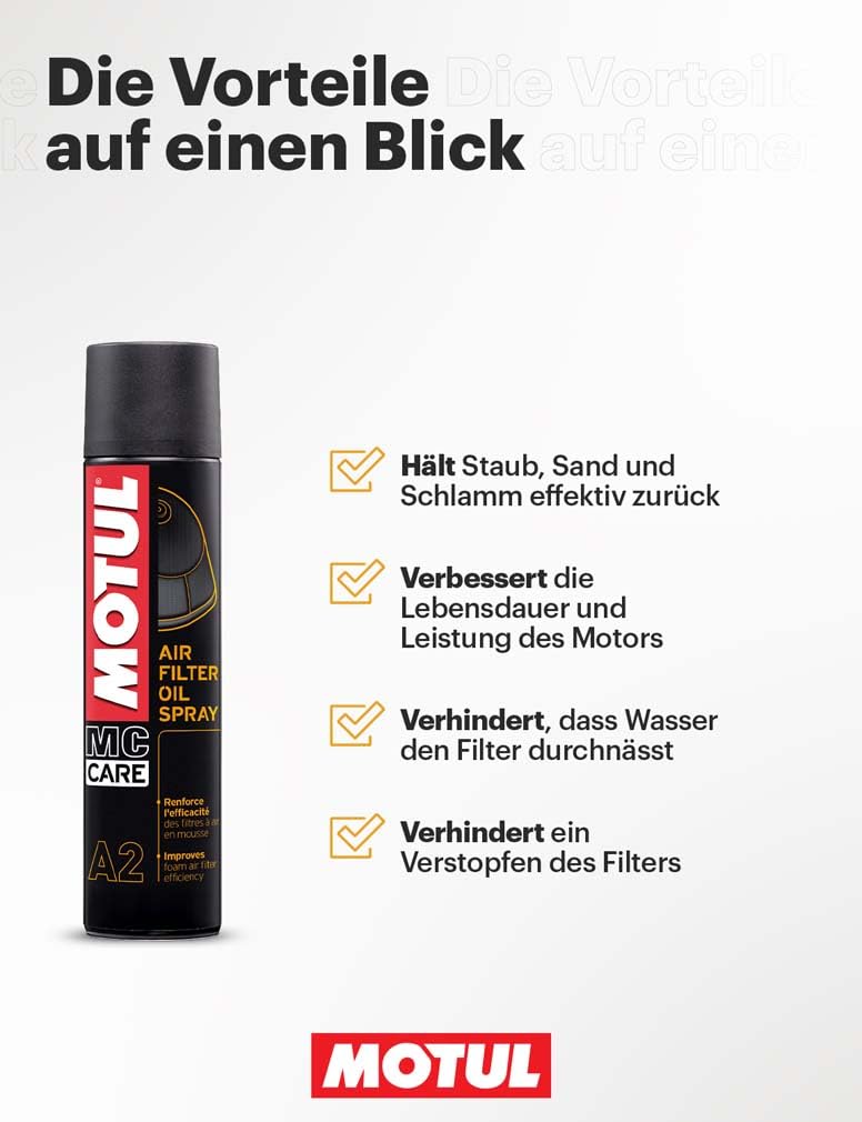 Motul Luftfilteröl-Spray, Für Schaumstoff-Luftfilter, Blau gefärbtes Haftöl, Geeignet für Motocross-, Enduro-, Trial- und Trail-Maschinen und Quads, MC Care Air Filter Oil Spray A2, Sprühdose, 400 ml