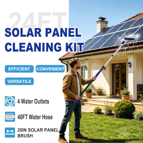 Image of Buyplus 30FT Reach Solar Panel Cleaning Brush Kit with 5-24FT Telescoping Pole, Water Fed Window Cleaner Tool with 20 inch Brush, Soap Dispenser, Cobweb Duster, Squeegee for Roof, RV, Gutter, Deck,Blue