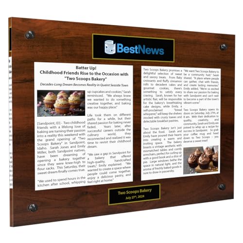 Acrylic Newspaper or Magazine Display Wall Mounted with Standoffs - Includes a Reproduction of Your Article, A Personal Message or Company Logo - Offered in Multiple Sizes and Colors (Wood, 12 x 15")