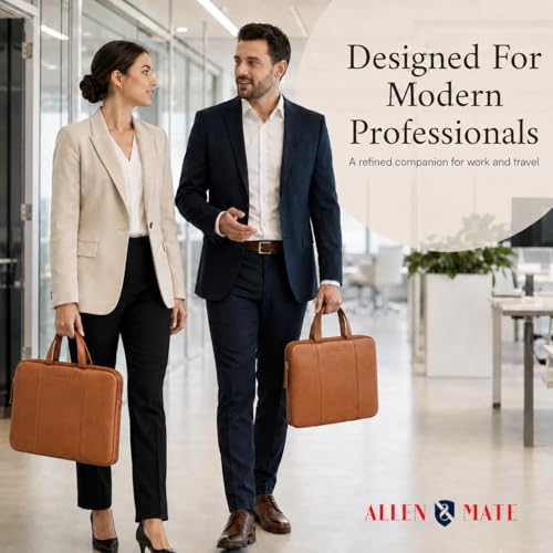 Image of ALLEN & MATE 100% Leather Laptop Case 13 Inch Laptop Sleeve fits MacBook Neo /Air /Pro 13 Inch with M5 /M4 /M3 /M2 /M1, Dell, HP, Lenovo, Chromebook 11-13 inch Computer Bag Zip Pocket - Tan