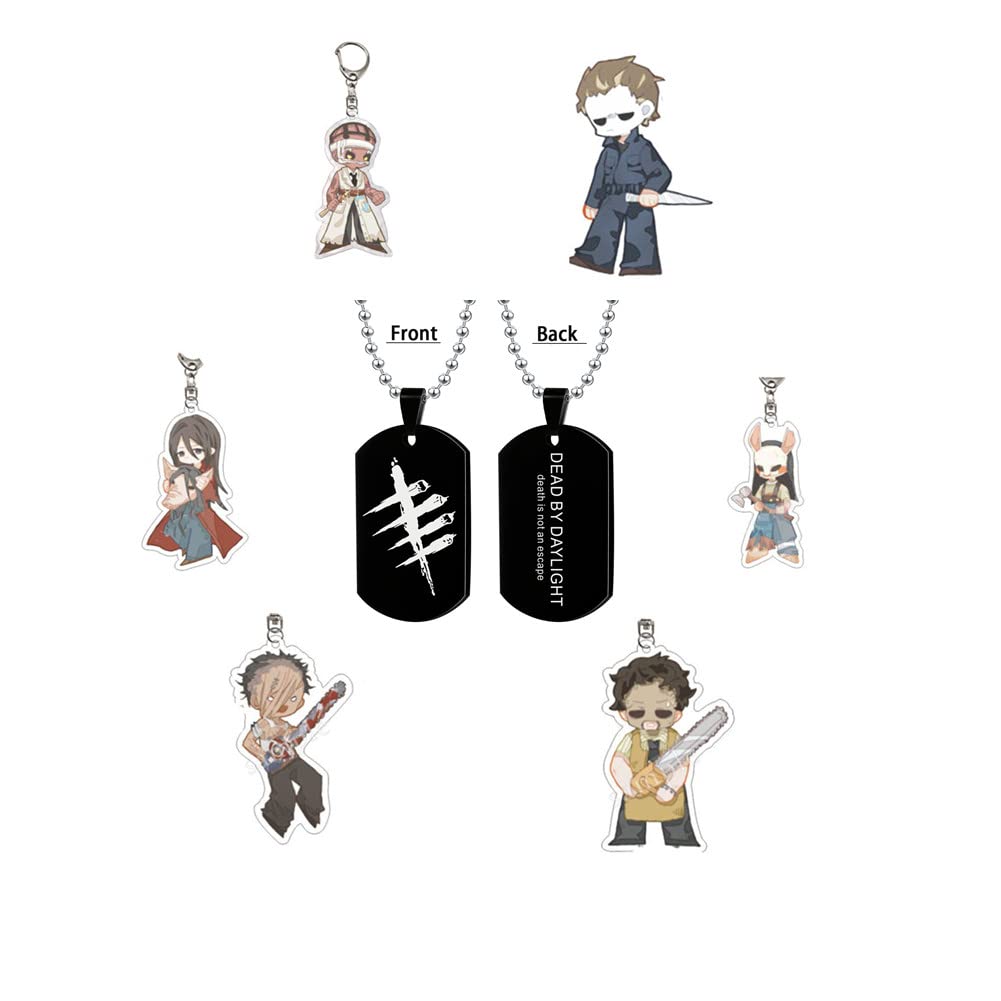XCFS 7pcs/Set Game Dead the Daylight Engraved Merchandise Acrylic Keychain Sets Stainless Steel Black Color Pendants Necklace Cosplay For Man Women Key chain, Metal, No Gemstone