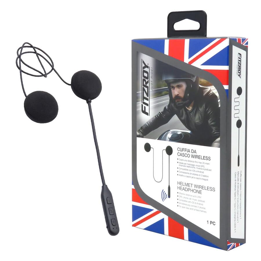 FITZROY Cuffia Bluetooth Moto per 1 Casco - Audio Hi-Fi e Chiamate Chiaro - Cancellazione Rumore ENC - Connessione 2 Telefoni Simultaneamente - Batteria 40h - Compatibile Caschi Jet/Integrali - IPX5