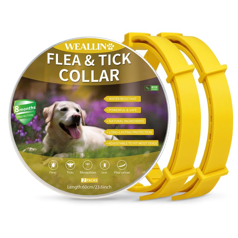 WEALLIN Collares Antiparasitario para Perros, Collar Antipulgas Perros Impermeable Regulable con 8 Meses de Protección, Collar de Pulgas y Garrapatas para Perro Cachorros Grandes, Amarillo (2 Pack)