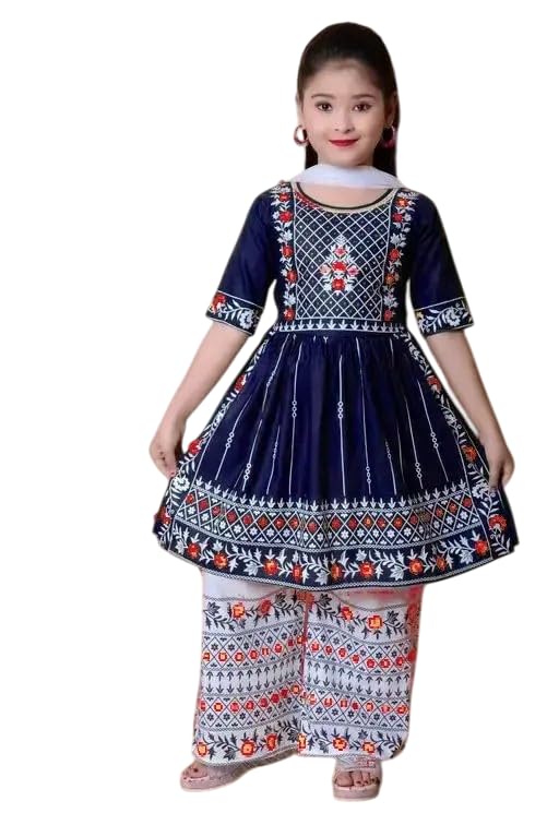 Image of Girls Traditional Embroidered Kurta Palazzo Set, Green and White, Floral Design, Half Sleeves