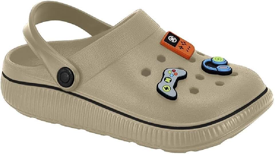 Infantil Pins Gamer Clog, Areia/Preto, EVA, Tamanho 35/36, Casual, Com Pins Removíveis de Videogame
