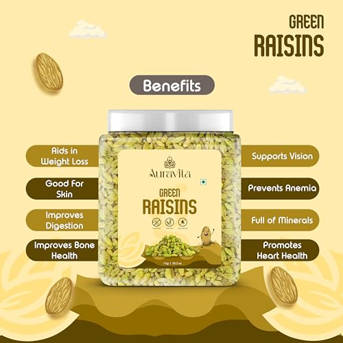 Image of Auravita Healthy Green Raisins 1kg | 100% Natural Dried Grapes (Kishmish) | Nutritious, Delicious & Healthy Snack | Source of Fibre in Nuts | No Preservatives in Dry Fruit