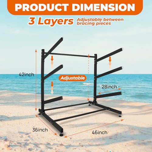 Wemily Freestanding Kayak Storage Rack – Vertical 3 -Tier Organizer for Kayaks, Canoes & Paddleboards, Heavy-Duty Indoor/Outdoor Stand with Protective Foam Padding