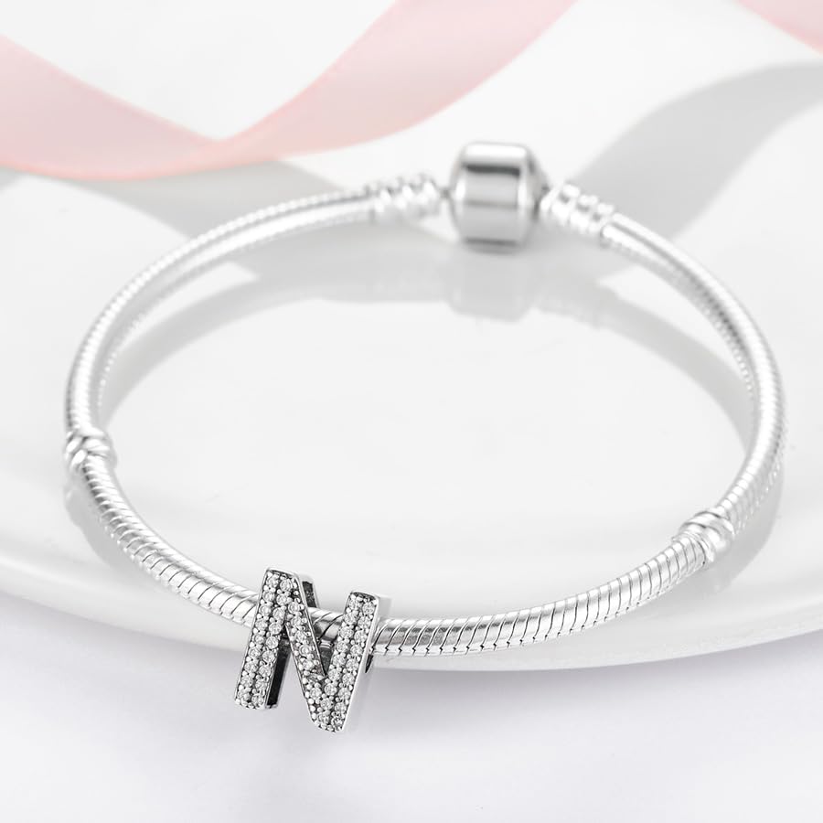 PARCOM Letter Charms Fits Pandora Bracelets S925 Sterling Silver Initial Charms for Bracelets Alphabet A-Z Letters Bead Bracelets Necklace Pendent with Cubic Zirconia for Women Birthday Ceremony DIY Jewelry - Image 7