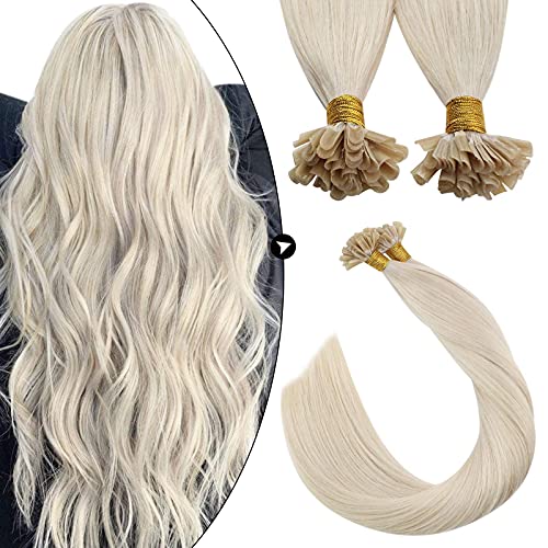 Ugeat U Tip Real Human Hair Extensions 16 Inch U Tip Fusion Hair Extensions Human Hair 50 Strands Pre Bonded U Tip 50G Hair Extensions White Platinum Blonde #60A Keratin Fusion Hair Extensions
