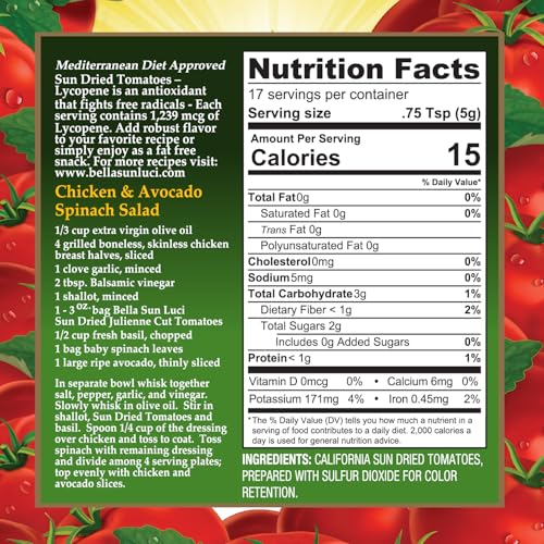Image of Bella Sun Luci Sun Dried Tomatoes Julienne Cut, Gluten-Free, Vegan, California Grown, Mediterranean Style Sun-Ripened Tomatoes, Premium Ingredient for Pasta, Pizza, Salads & Sandwiches