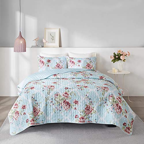 Comfort Spaces Reversible Quilt Set-Vermicelli Stitching Design All Season, Lightweight, Coverlet Bedspread Bedding, Matching Shams, King/Cal King (104 In X 90 In), Natalie Floral Blue 3 Piece #TOP19