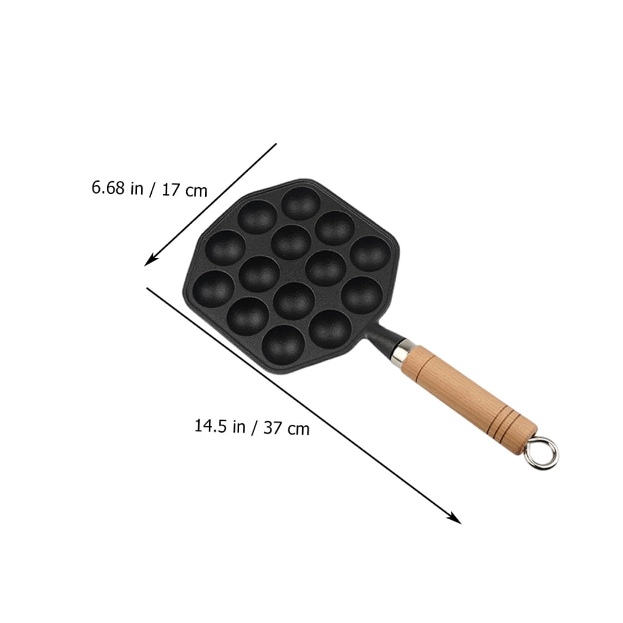 Padella in Ghisa 14 Fori, Manico in Legno, Bordo Liscio e Superficie Antiaderente per Polpette e Snack in Cucina