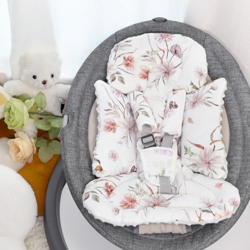 Image of Infant Car Seat Insert and Strap Covers, Very Soft Car Seat Head Support Baby Girl Boy, Reversible Newborn Carseat Insert Cushion Fits for Stroller, Baby Swing, Bouncer (White Flower)