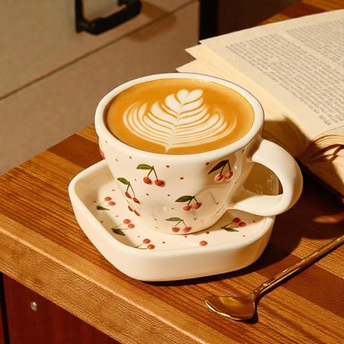 Image of OCEAN STORE Ceramic Cherry Print Tea Cup with Saucer 250 ml | Aesthetic Coffee Cup Set | Cute Printed Ceramic Mug | Glossy Finish Cup for Home, Office & Cafe (2)
