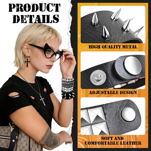 Set de pulseras punk de cuero con tachuelas para hombres y mujeres miniatura 3