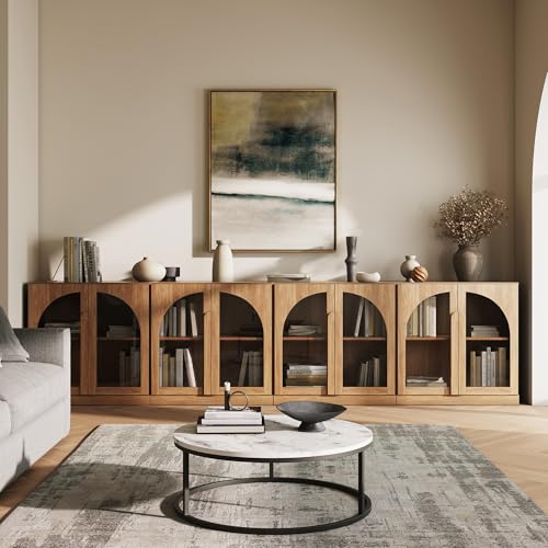 Image of BELLEZE Bijou Set of 4 Wall-to-Wall Sideboards (126 inch Wide) - Grand Buffet Cabinet System w /8 Arched Glass Doors - Massive Entertainment Center & Display Console for Living Room, Camel