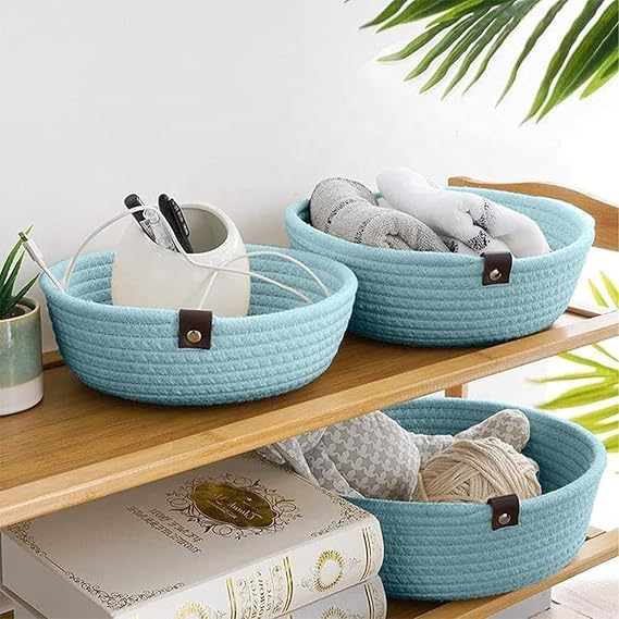 Image of [Set of 3-9 inch,8 inch,7 inch inch, Round, Blue] Handwoven Soft Jute Cotton Basket | Eco-Friendly Shelf Baskets, Naturally Reshapes After Filling | Ideal for Storage, Organization & Gift Hampers