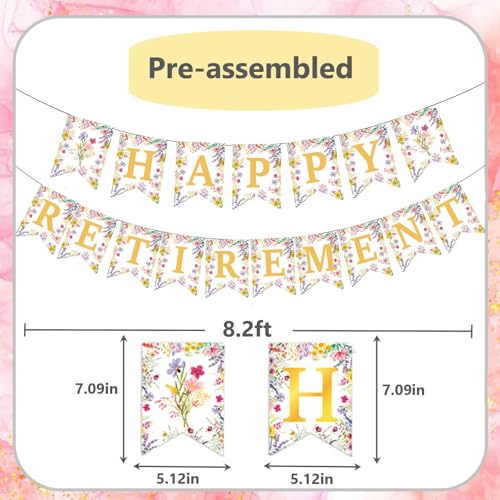 Image of Wildflower Retirement Party Decorations for Women | Gold Happy Retirement Banner with Floral Hanging Swirls,Just Retired Party Decor Supplies