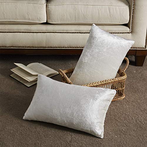 Image of GIGIZAZA White Velvet Decorative Throw Pillow Covers Cases for Sofa Bed 2 Pack Soft Cushion Cover (Rice Ivory, 12 x 20- Set of 2)