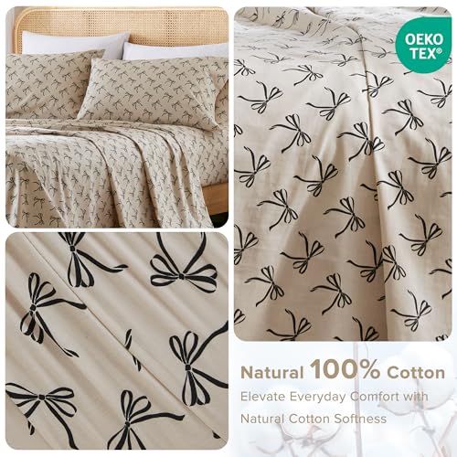 Comfort Spaces 100% Cotton Sheets Twin, Breathable, Naturally Cool Cotton Sheets, Soft Cotton Bed Sheets with 12" Elastic Pocket Fits up to 14" Mattress, All Seasons Sheet Set, Bow Black/Taupe 3 Piece