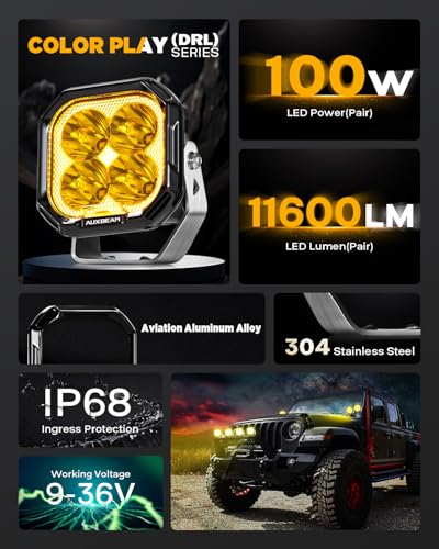 Image of Auxbeam Color Play Series 3 inch LED Pods Hyper Spot Beam Driving Lights 2-Pack | DRL & Turn Signal, Multi Function, Amber White Covers, 100W 11600LM, Cube Off-Road Lights, for SXS ATV UTV 4x4 Pickup Truck