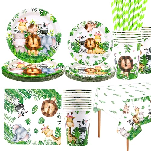 LSJDEER, Set di stoviglie per il compleanno della giungla Safari - 1° compleanno di Wild One - Piatti piani Piatti da dessert Tazze Tovaglie Cannucce per forniture per feste con animali, Serve 20