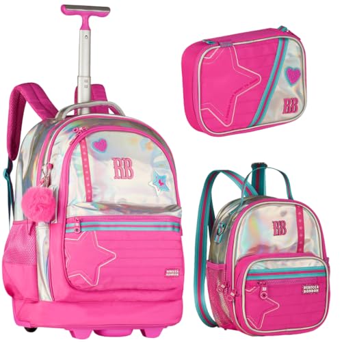 Rebecca Bonbon Kit Holográfico, Mochila com Rodinha 19', Lancheira 2 em 1 e Estojo para 36 Lápis, Rosa, 2026