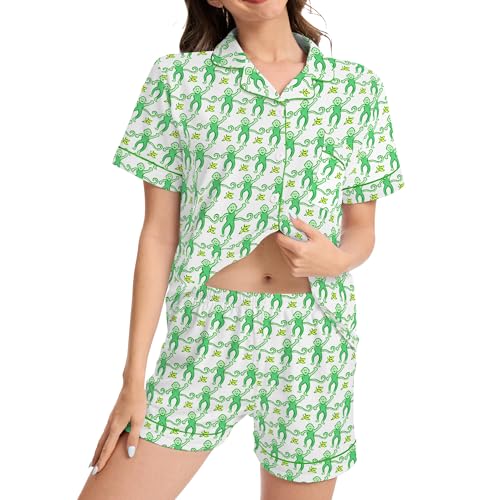 Image of Ammiko Womens Pajamas Set Y2k Loungewear Pajama Button Down Top and Shorts Monkey Beach Short Sleeve Sleepwear Preppy