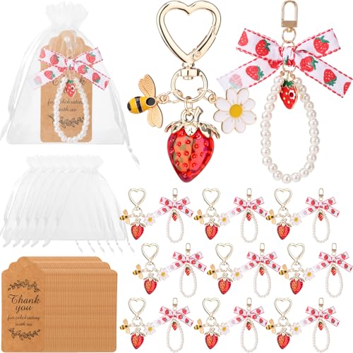 Quelay 24 Set Strawberry Keychain Bulk with Pearl Chain, Cute Keyring Charm