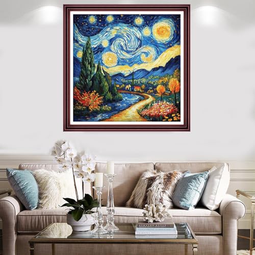 Image of Redxing Stamped Cross Stitch Kits Full Range of Embroidery Starter Kits- Needlepoint Counted Cross Stitch Kits for Beginner Adults 11CT Printed Embroidery Kit-Van Gogh Starry Sky Garden 18x18 inch