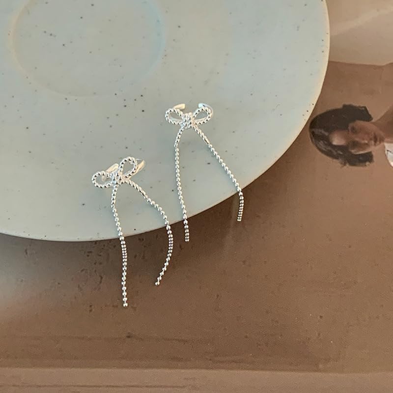 Bowknot Tassel Ear Cuff for Women, 18K Gold Plated Silver Tone Non-Piercing Cartilage Clip Earrings, Dainty Long Chain Drop Wrap Earrings, Minimalist Jewelry Gift for Mother or Best Friend