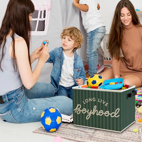 Image of Long Live Boyhood Boys Storage Bins Box with Handles, Green Stripe Collapsible Basket Organizer for Kids Teen Boy Nursery Room Bedroom Bathroom Playroom Books Clothes