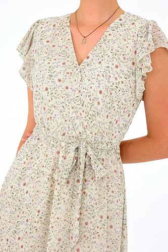 Image of BTFBM Women Summer Bohemian Floral Casual Wrap V Neck Ruffle Cap Sleeveless Belt A-Line Pleated Hem Midi Sun Dress White