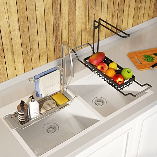 Aouton Sponge Holder For Kitchen Sink, Expandable (16.7"-21.3") Sink Caddy Sink Organizers, Stainless Steel 4-In-1 Dish Sponges Brush Soap Holder With Dishcloth Towel Drying Rack #TOP1