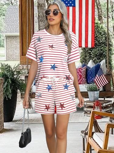 Image of VILOVE 4th of July 2 Piece Sequin Outfits Women 250 Anniversary Usa Shirts and Short Sets Casual Patriotic Shirt Summer Set