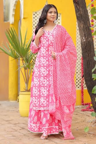Image of PARTHVI Women's Printed Calf Length Straight Kurta & Skirt With Dupatta Set