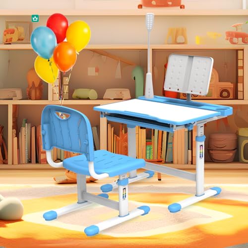 YBLFDY Juego de escritorio para niños, escritorio de estudio para niños de altura ajustable con luz LED, escritorio escolar para niños de 5 a 8 años con escritorio inclinable, gancho para bolsa,