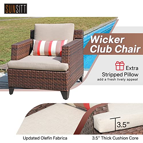 Sunsitt 3-Piece Patio Conversation Set, Wicker Outdoor Furniture Lounge Chairs And Side Table W/Aluminum Top, Beige Olefin Fabric Cushions & Brown Wicker #TOP3