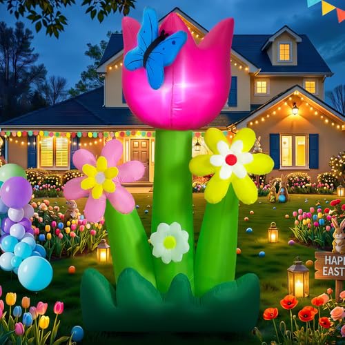 OurWarm 6FT Easter Inflatables Outdoor Decorations Spring Inflatable Tulip Flowers with Built-in LED Lights Easter Blow Up Yard Decorations for Lawn Garden Yard Party and Seasonal Outdoor Decor