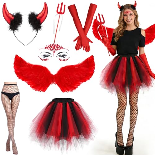 DAZZTIME Deguisement Diable Femme,7 Pièces Costume D'ange pour Femme,Déguisement Femme Ailes de Diable Rouges en Plumes,Ailes D'ange Costume,pour le...