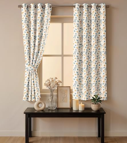 Image of Ultimate Trends Room Darkening Digital Printed Floral Geomatrical Prints Curtain 65-70% Opacity,Diamond Eyelets, Tie Back, Floral Geomatrical, 7 FEET Pack of 2,Teal and Yellow