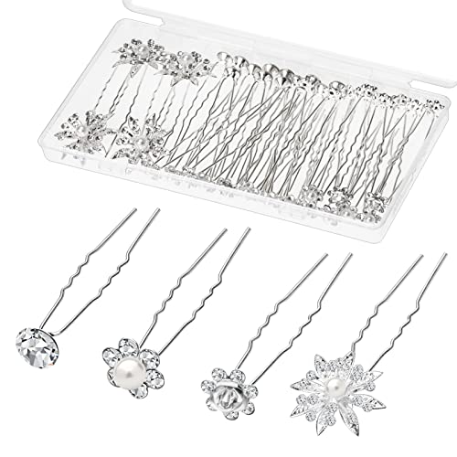 40 Pièces Épingle à Cheveux de Mariage Fleur, Gingbiss Pinces à Cheveux en Strass Avec Perles de Mariée en Forme de U, Accessoire Cheveux Mariage pour les Mariées Demoiselles D'honneur Femmes Filles Cover