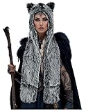L'VOW Viking Faux Fur Wolf Hood Scarf Furry Animal Hat with Ears Paws Werewolf Accessories Costume for Women Men(Grey)